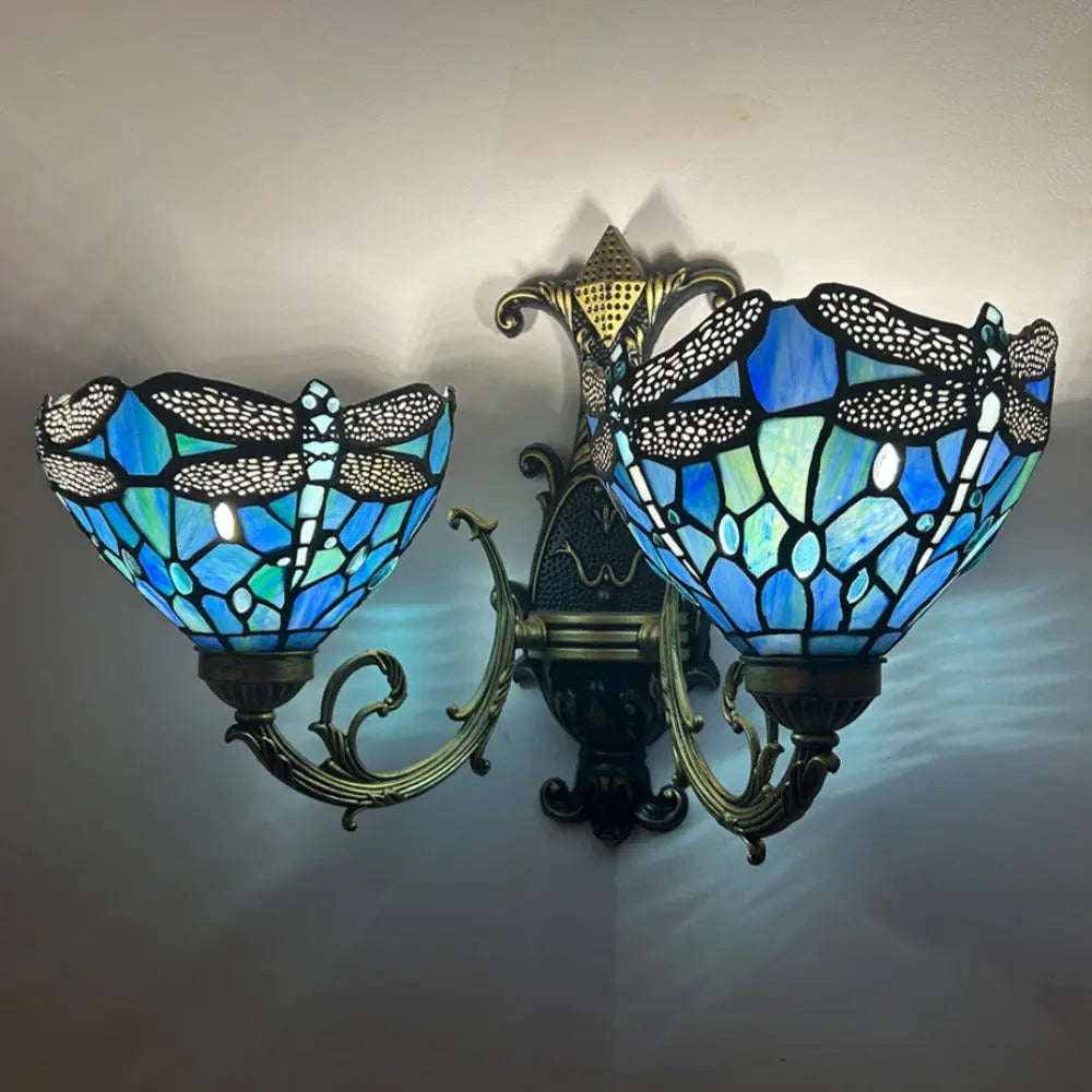 Two Light Sconce Stained Glass Dragonfly Lampshade Double Head Tiffany Wall Lamps - CTL