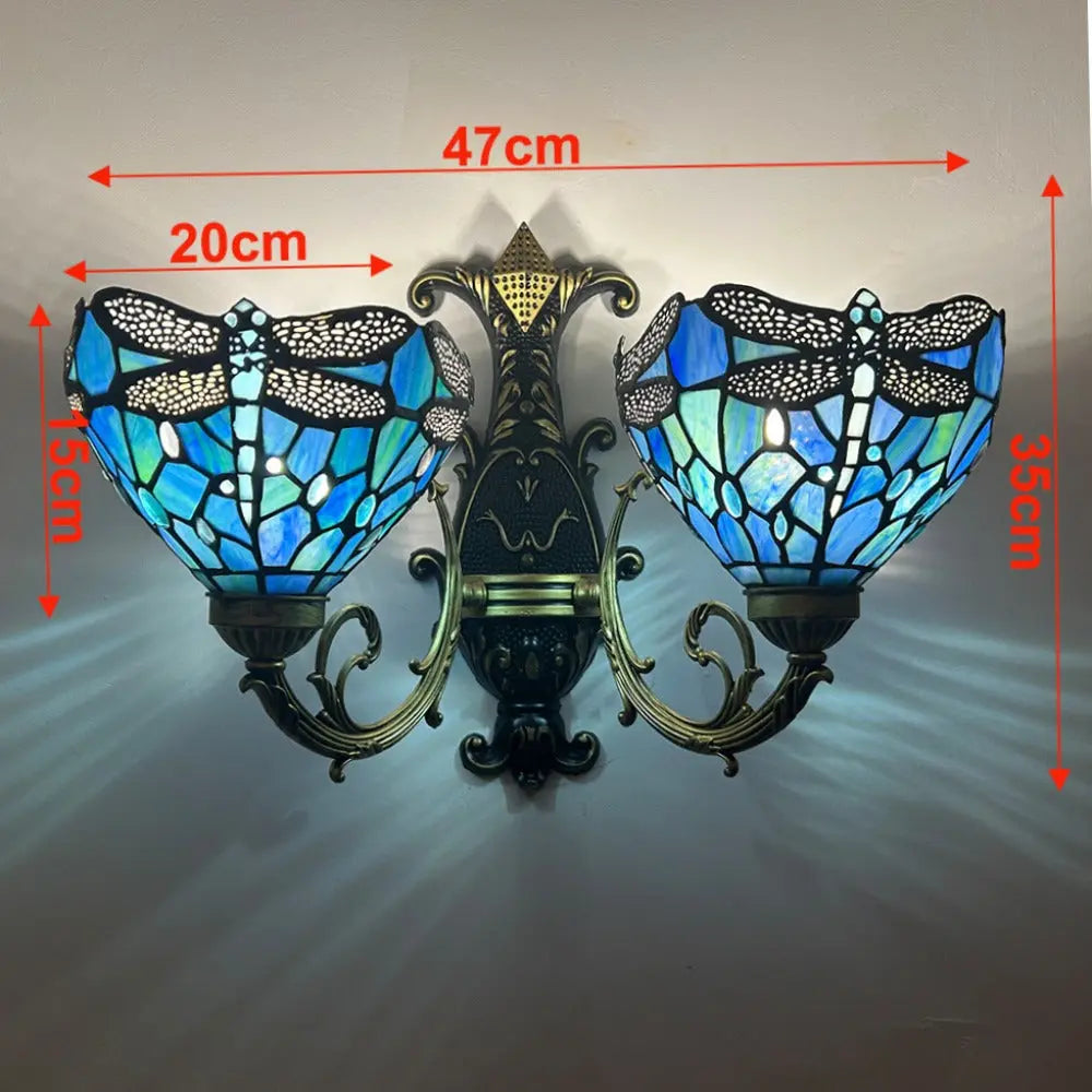 Two Light Sconce Stained Glass Dragonfly Lampshade Double Head Tiffany Wall Lamps - CTL