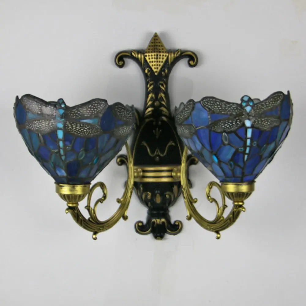 Two Light Sconce Stained Glass Dragonfly Lampshade Double Head Tiffany Wall Lamps - CTL