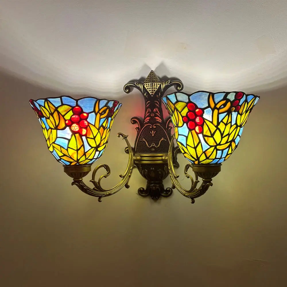 Double Sconce Wall Light Stained Glass Grape Floral Tiffany Wall Lamps - CTL