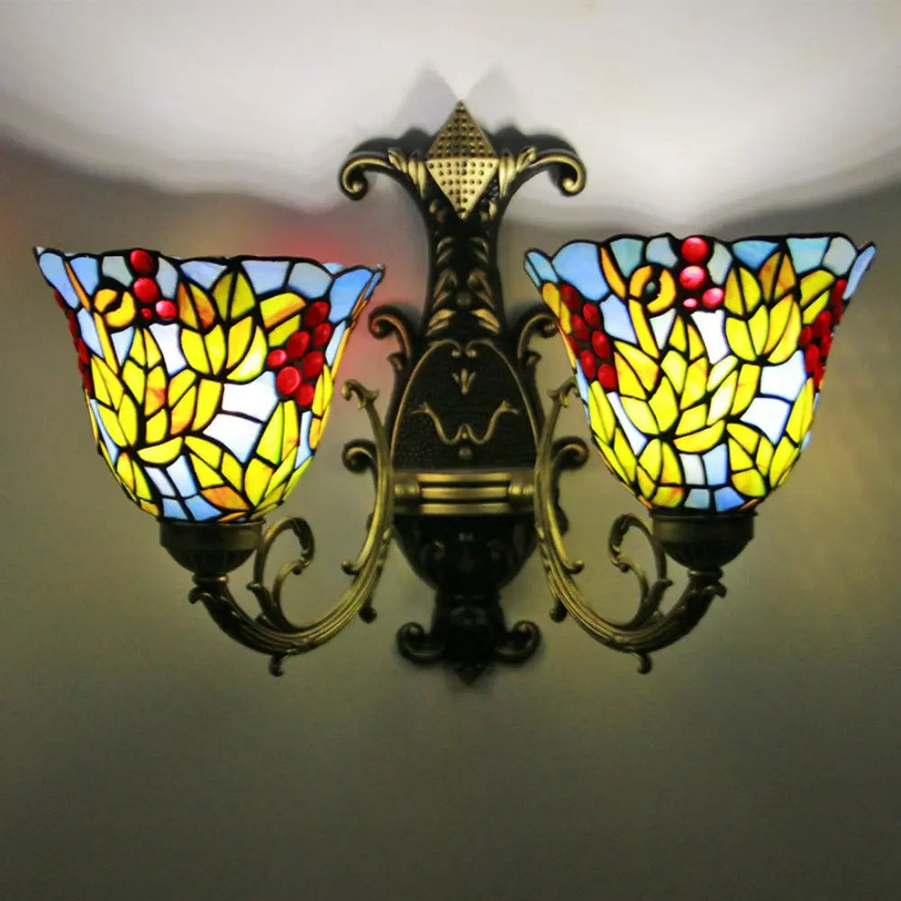 Double Sconce Wall Light Stained Glass Grape Floral Tiffany Wall Lamps - CTL