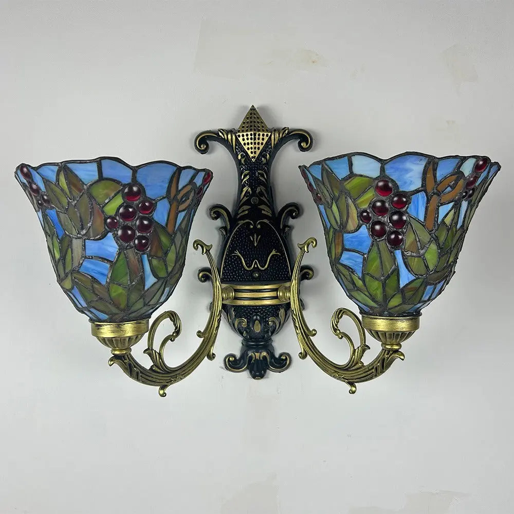 Double Sconce Wall Light Stained Glass Grape Floral Tiffany Wall Lamps - CTL