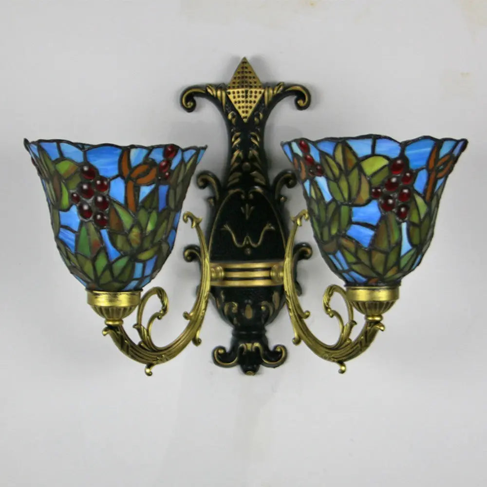 Double Sconce Wall Light Stained Glass Grape Floral Tiffany Wall Lamps - CTL