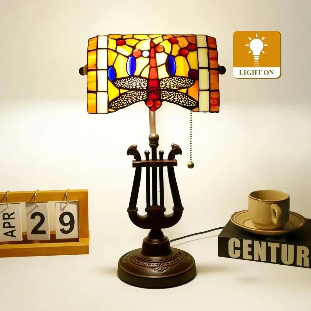 Tiffany Orange Dragonfly Lampshade Stained Glass Bankers Lamp with Pull Chain - CTL