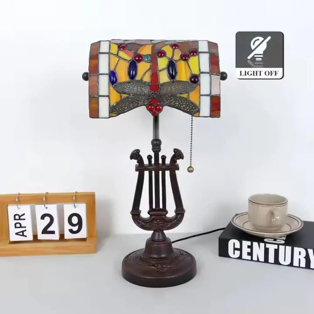 Tiffany Orange Dragonfly Lampshade Stained Glass Bankers Lamp with Pull Chain - CTL