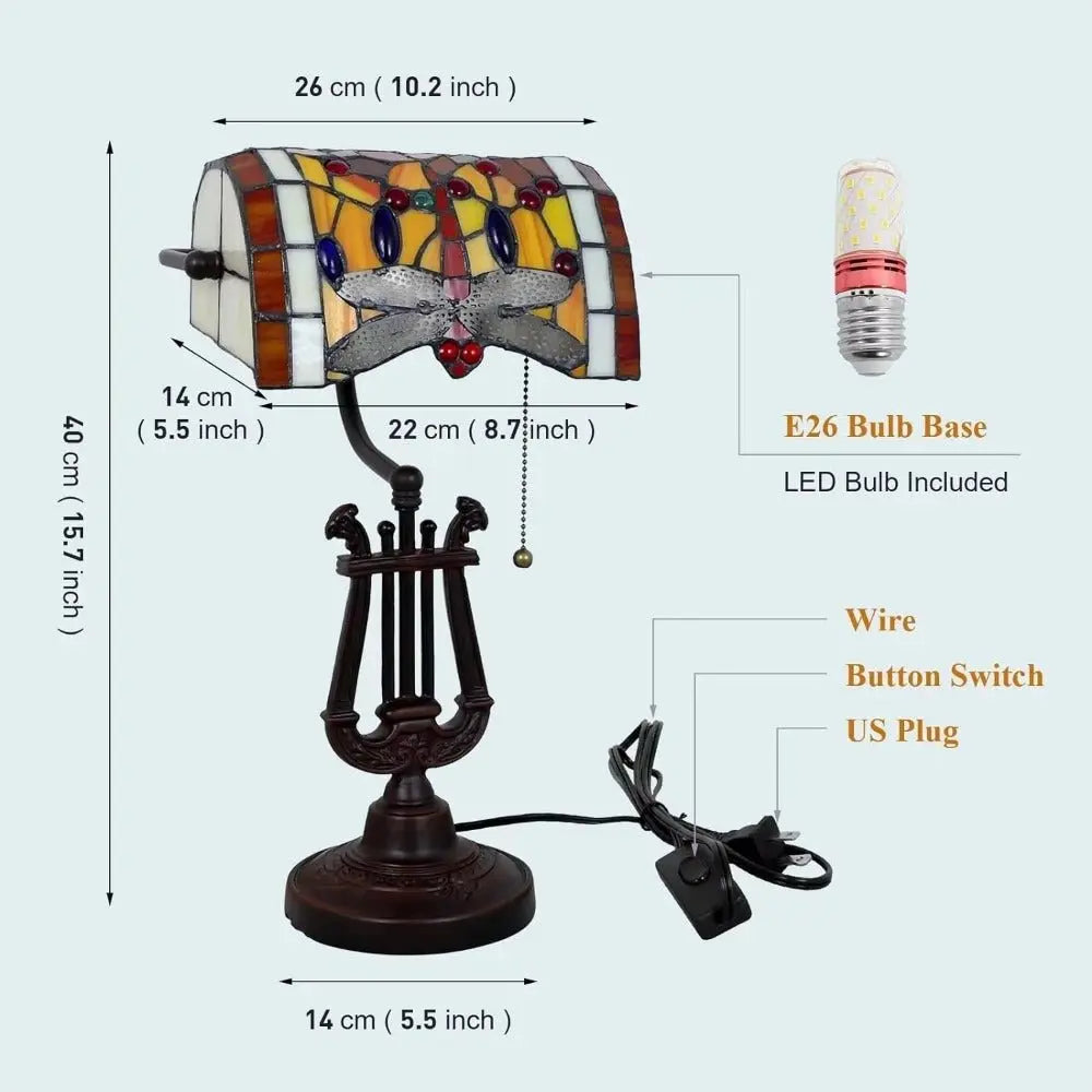 Tiffany Orange Dragonfly Lampshade Stained Glass Bankers Lamp with Pull Chain - CTL