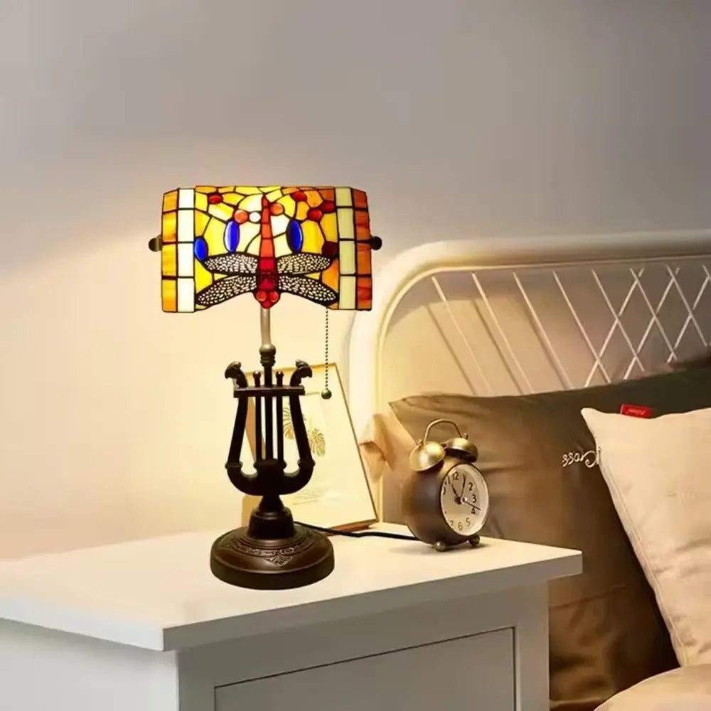 Tiffany Orange Dragonfly Lampshade Stained Glass Bankers Lamp with Pull Chain - CTL