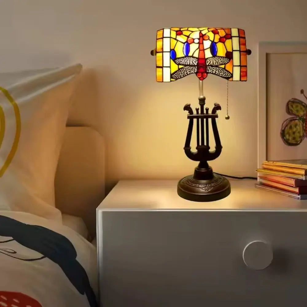 Tiffany Orange Dragonfly Lampshade Stained Glass Bankers Lamp with Pull Chain - CTL