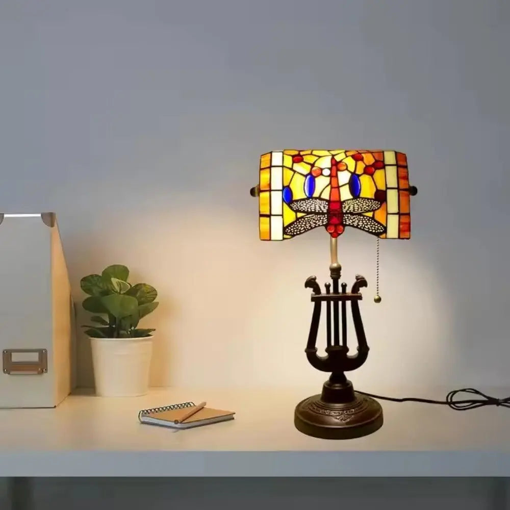 Tiffany Orange Dragonfly Lampshade Stained Glass Bankers Lamp with Pull Chain - CTL