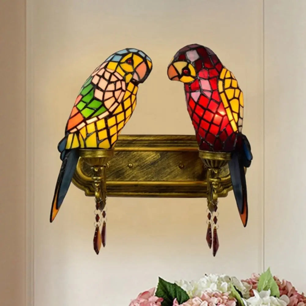 Double Wall Lights Tiffany Parrot Stained Glass Wall Lamp Sconce - CTL