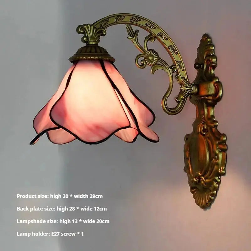 Tiffany Pastoral Pink Lotus Floral Lampshade Handmade Antique Wall Lights Small Sconce - CTL