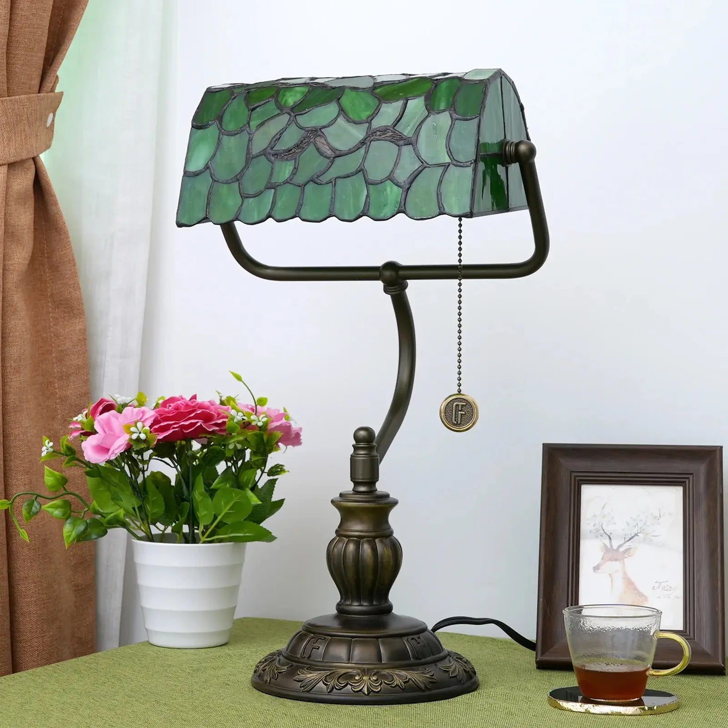 Tiffany Stained Glass Leaves Lampshade Bank Lamp Green Table Light - CTL