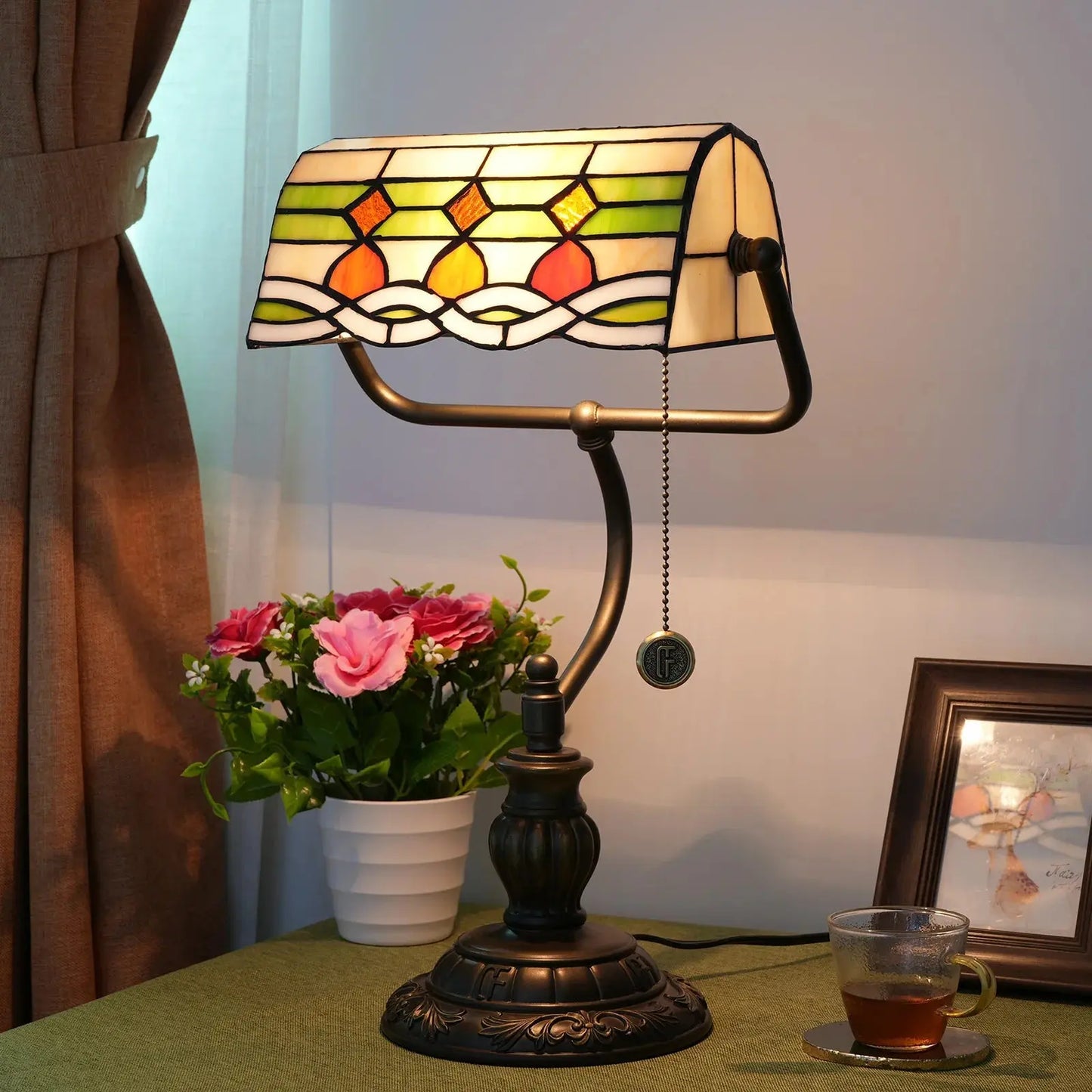 Tiffany Stained Glass Moire Red Dot Lampshade Vintage Bankers Desk Lamp - CTL