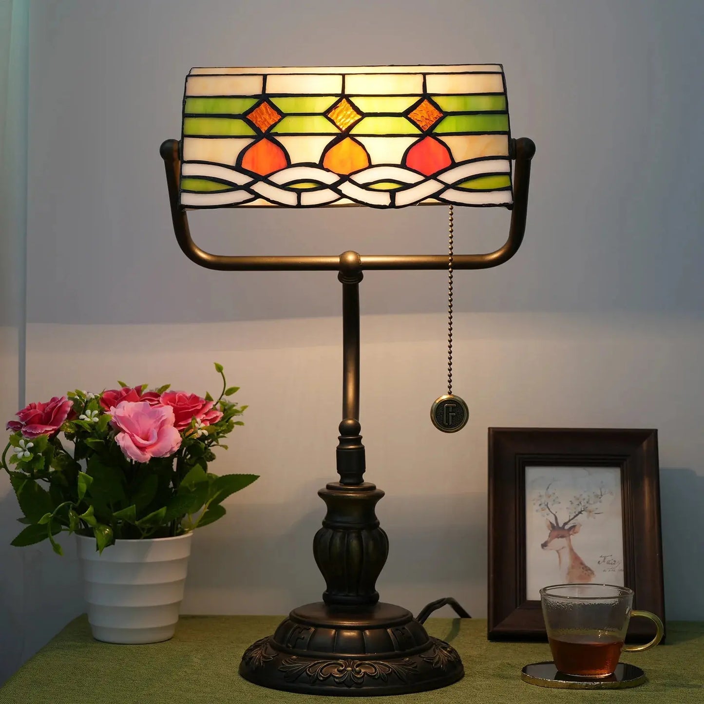 Tiffany Stained Glass Moire Red Dot Lampshade Vintage Bankers Desk Lamp - CTL