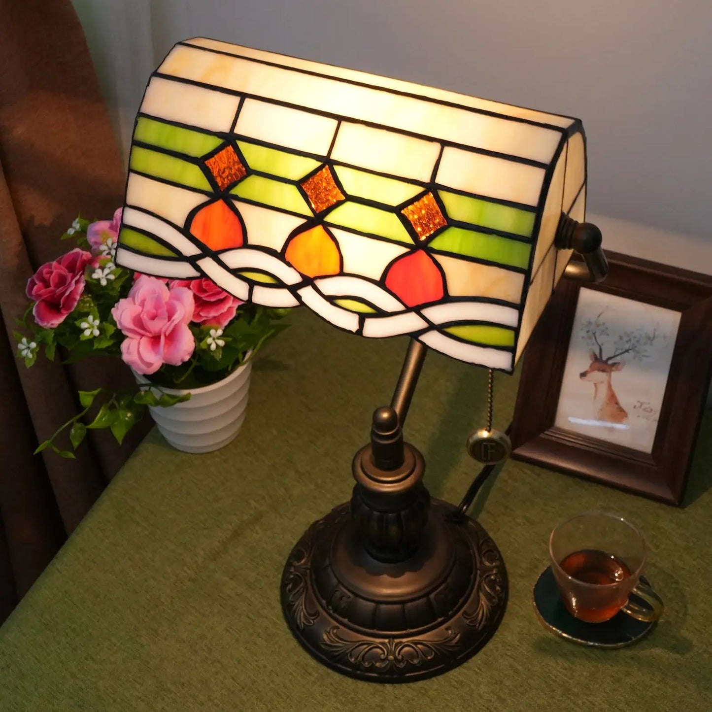Tiffany Stained Glass Moire Red Dot Lampshade Vintage Bankers Desk Lamp - CTL