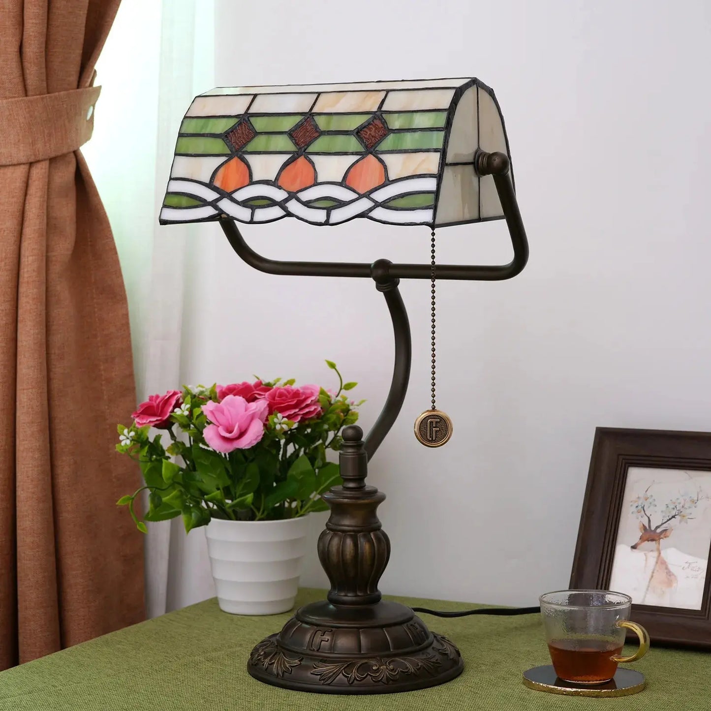 Tiffany Stained Glass Moire Red Dot Lampshade Vintage Bankers Desk Lamp - CTL