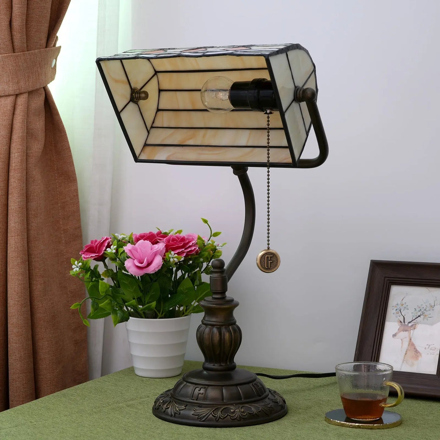 Tiffany Stained Glass Moire Red Dot Lampshade Vintage Bankers Desk Lamp - CTL