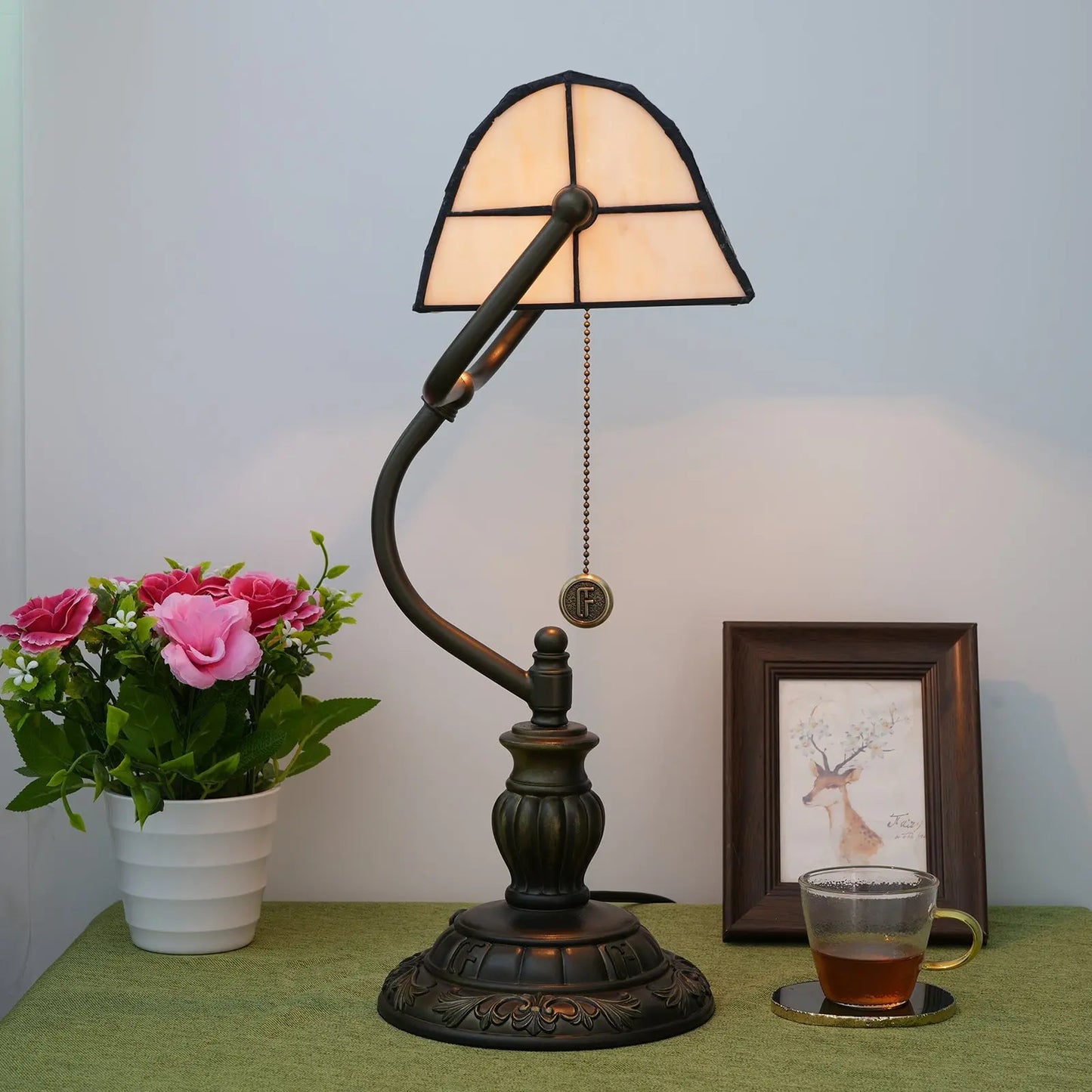 Tiffany Stained Glass Moire Red Dot Lampshade Vintage Bankers Desk Lamp - CTL