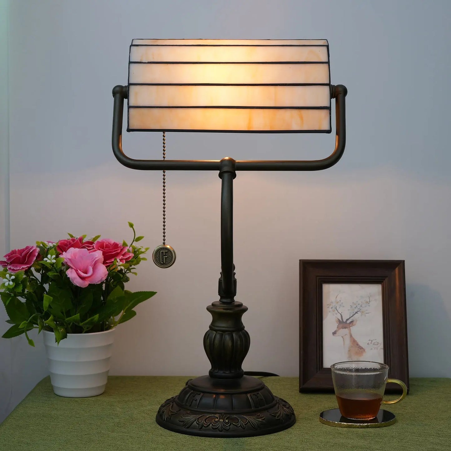 Tiffany Stained Glass Moire Red Dot Lampshade Vintage Bankers Desk Lamp - CTL