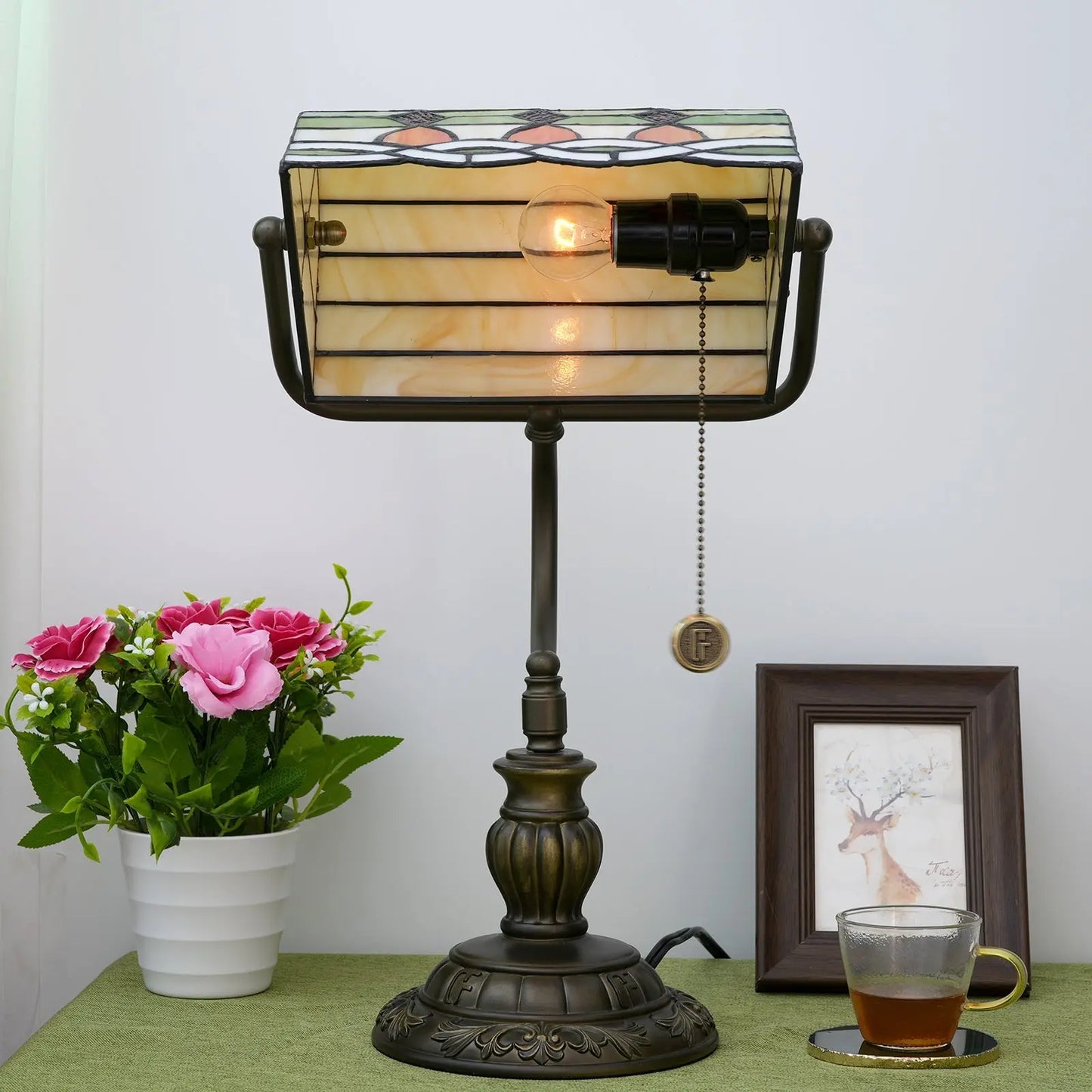 Tiffany Stained Glass Moire Red Dot Lampshade Vintage Bankers Desk Lamp - CTL