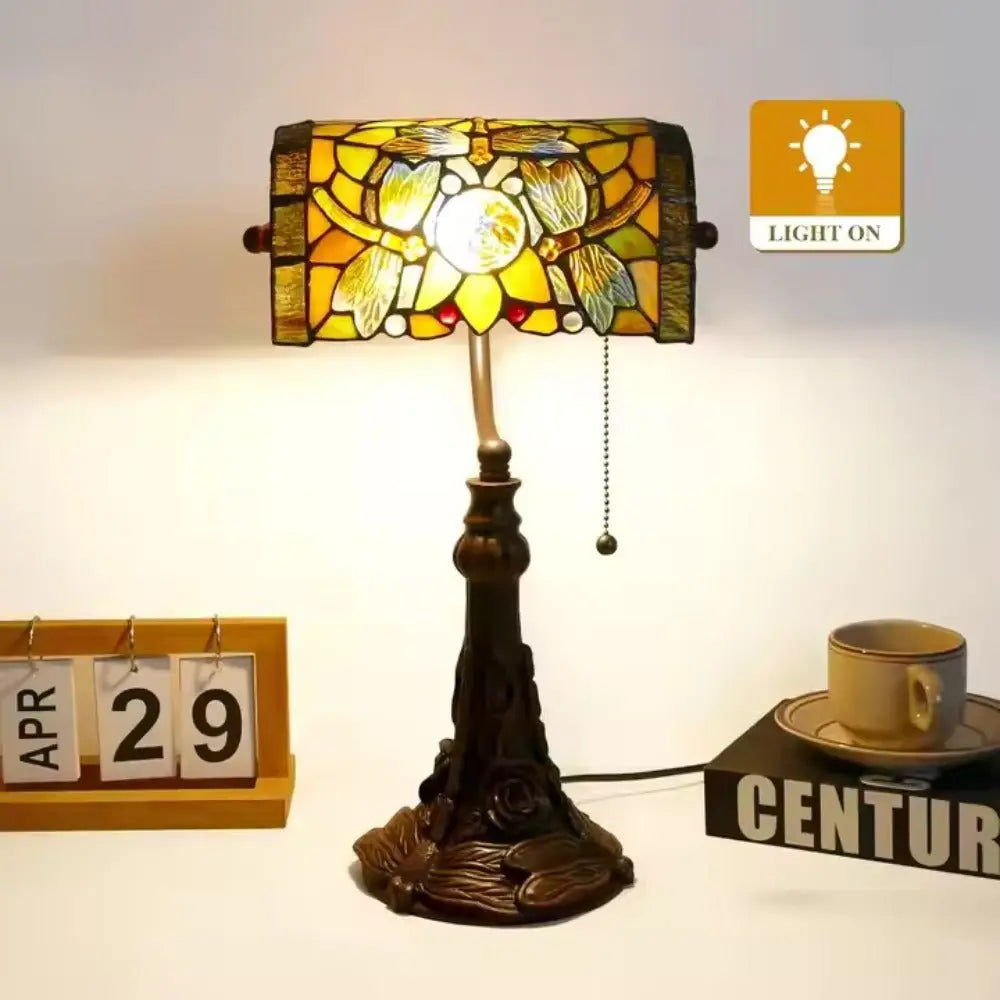Tiffany Stained Glass Rose Dragonfly Lampshade Vintage Bankers Lamp with Pull Chain - CTL