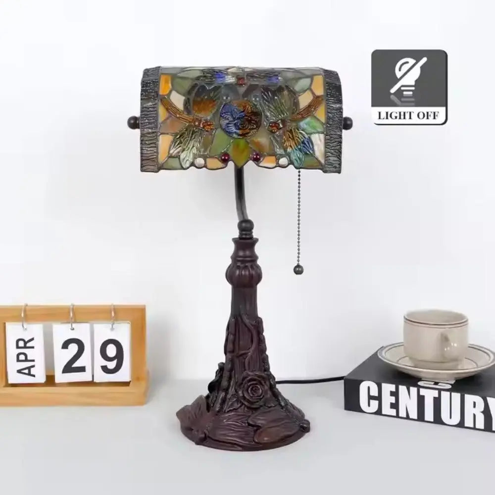 Tiffany Stained Glass Rose Dragonfly Lampshade Vintage Bankers Lamp with Pull Chain - CTL