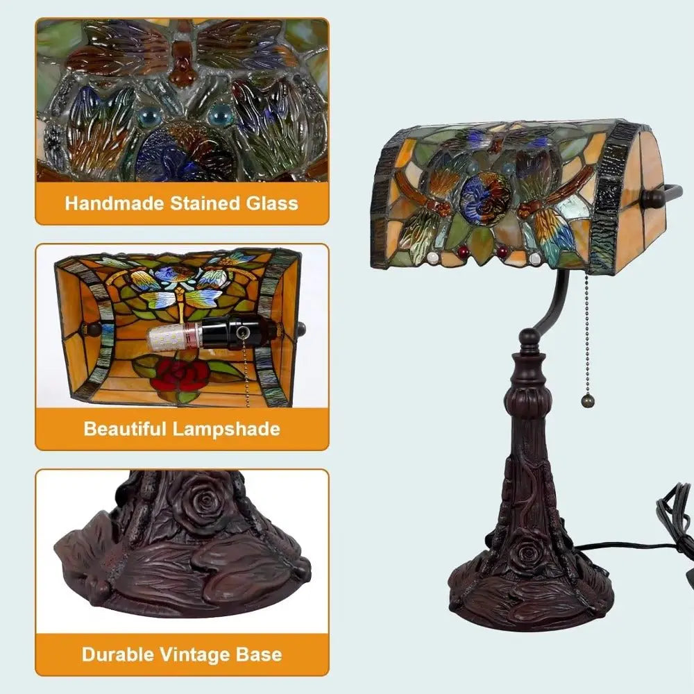 Tiffany Stained Glass Rose Dragonfly Lampshade Vintage Bankers Lamp with Pull Chain - CTL