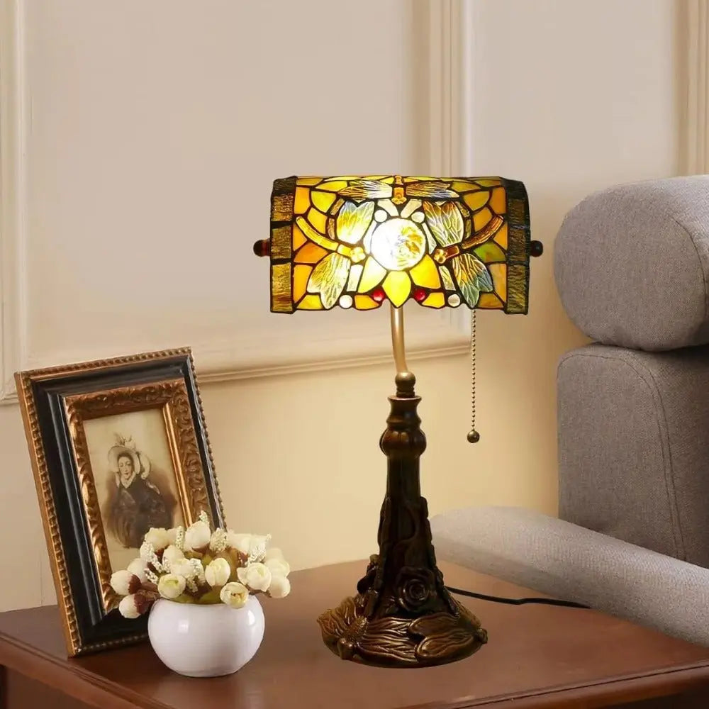 Tiffany Stained Glass Rose Dragonfly Lampshade Vintage Bankers Lamp with Pull Chain - CTL