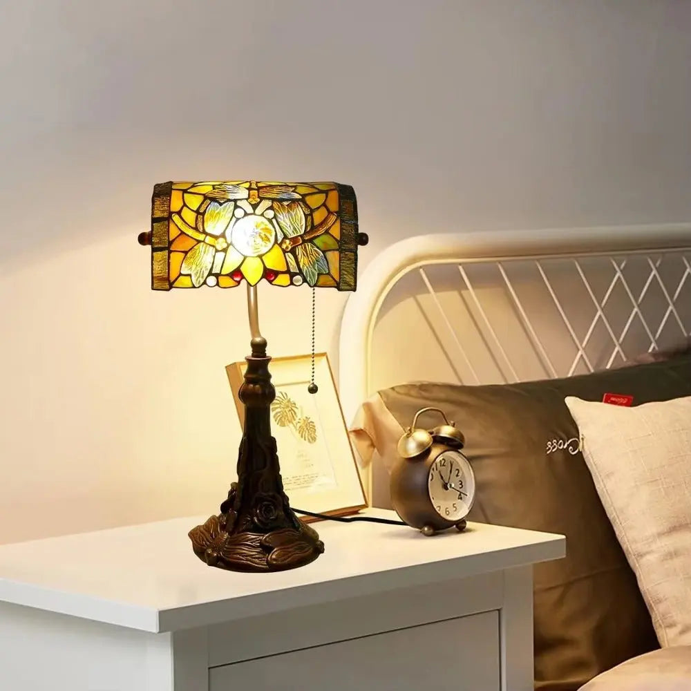 Tiffany Stained Glass Rose Dragonfly Lampshade Vintage Bankers Lamp with Pull Chain - CTL