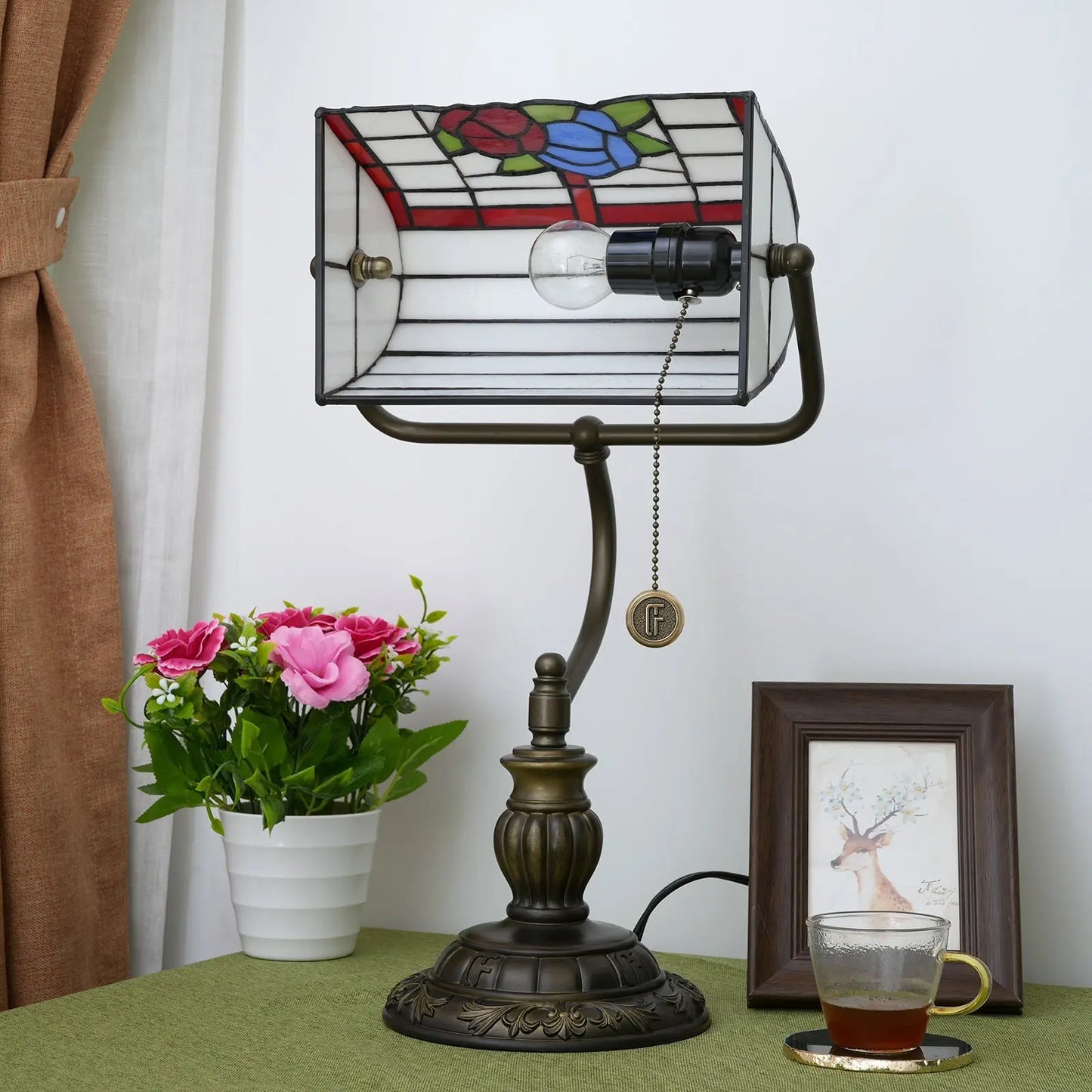 Tiffany Stained Glass Rose Lampshade Bedside Light Table Desk Bankers Lamp - CTL