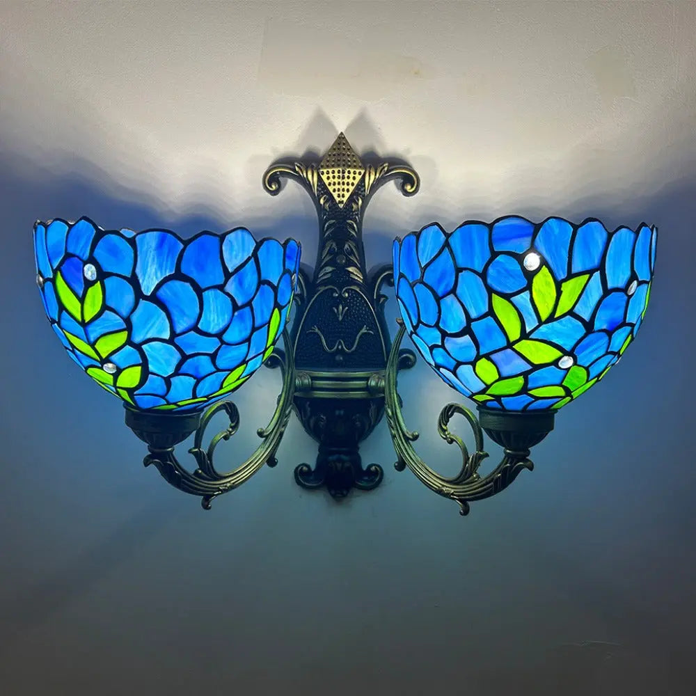 Tiffany Wisteria Stained Glass Lamp Floral Lampshade Double Head Wall Sconce - CTL