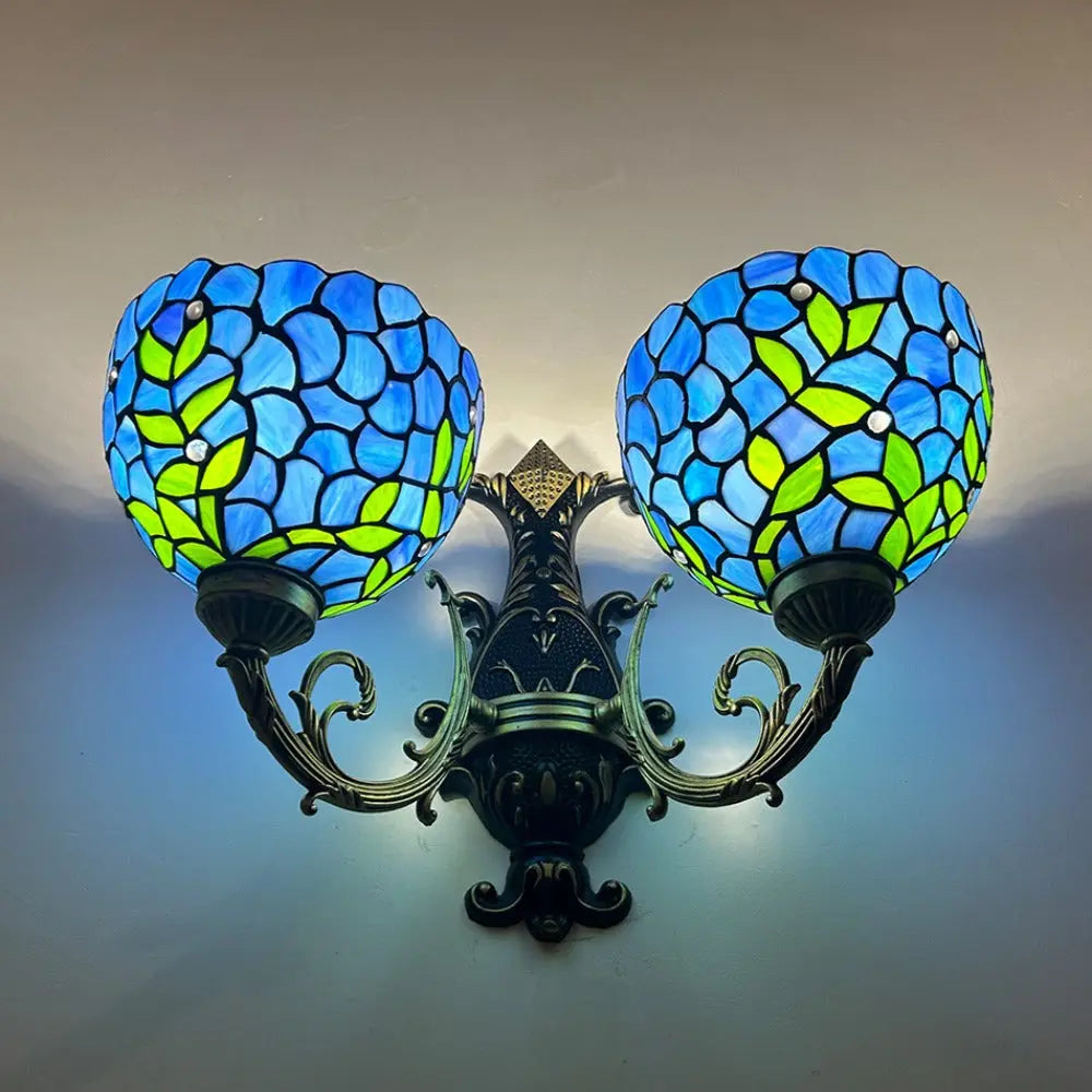 Tiffany Wisteria Stained Glass Lamp Floral Lampshade Double Head Wall Sconce - CTL