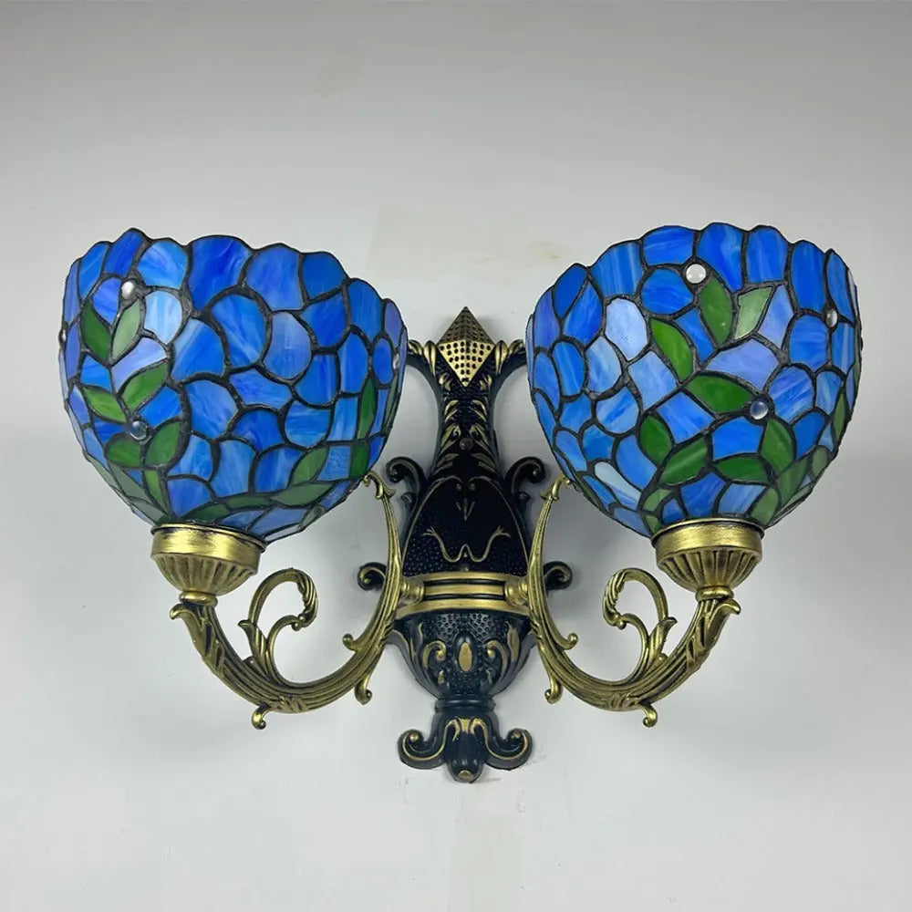 Tiffany Wisteria Stained Glass Lamp Floral Lampshade Double Head Wall Sconce - CTL