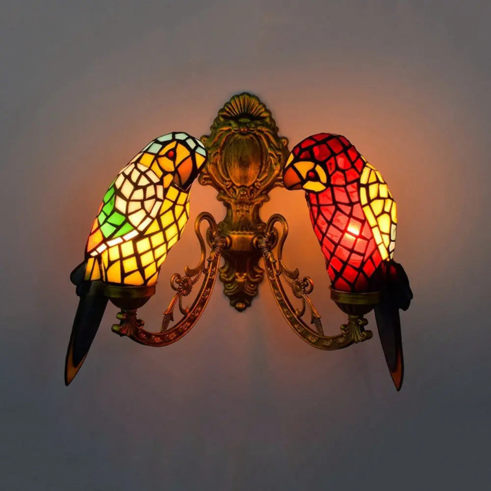 Double Light Wall Sconce Vintage Animal Parrot Stained Glass Tiffany Lamp - CTL