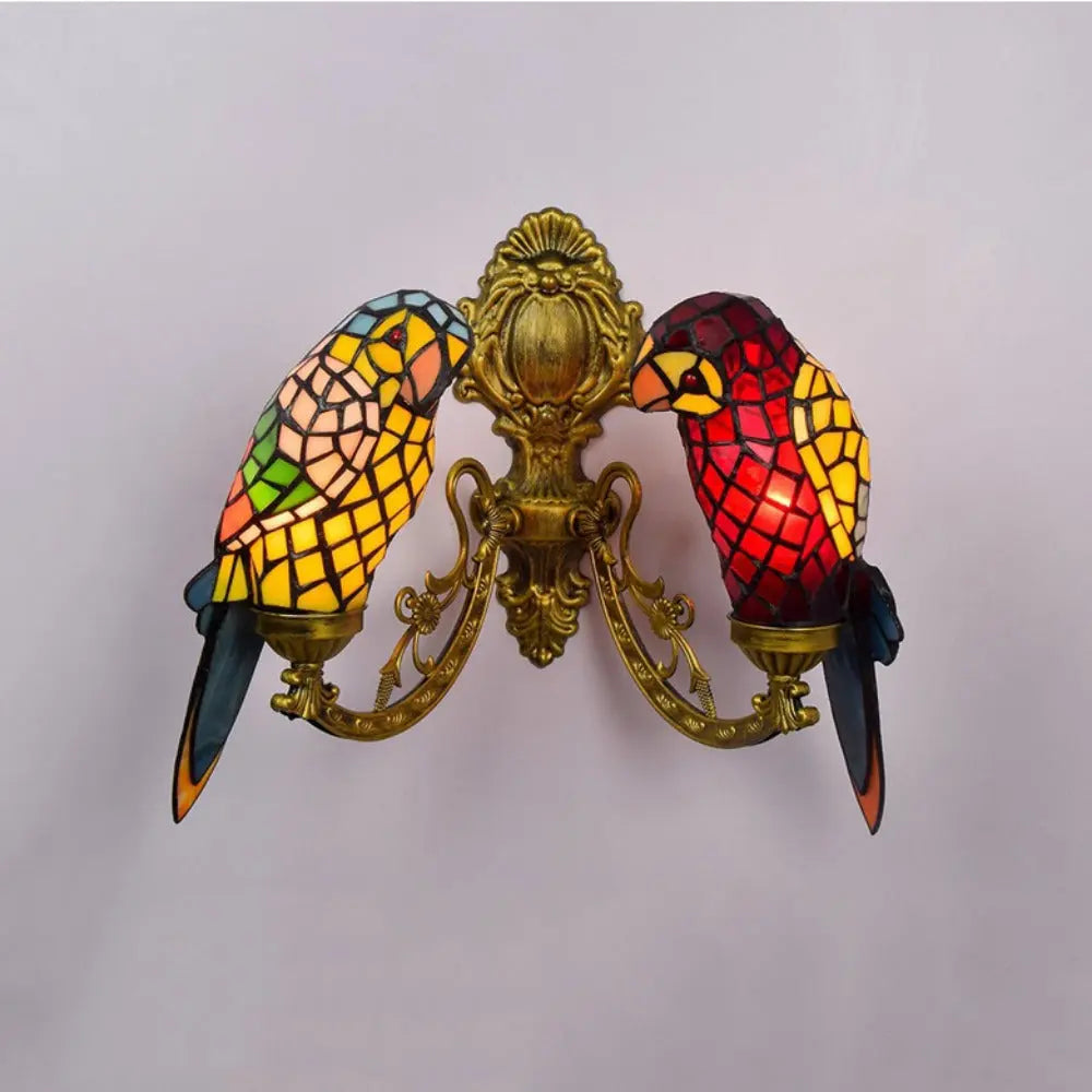 Double Light Wall Sconce Vintage Animal Parrot Stained Glass Tiffany Lamp - CTL
