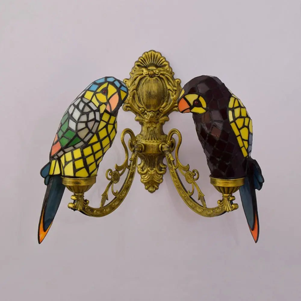 Double Light Wall Sconce Vintage Animal Parrot Stained Glass Tiffany Lamp - CTL