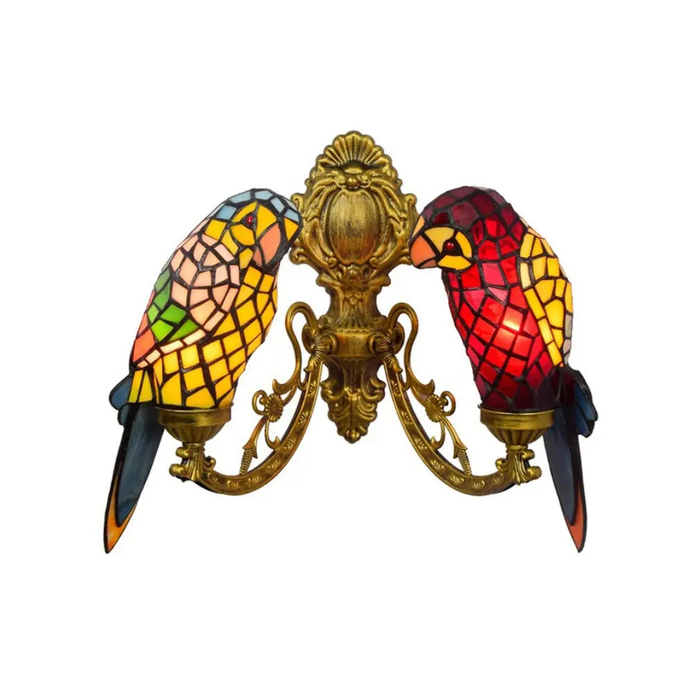 Double Light Wall Sconce Vintage Animal Parrot Stained Glass Tiffany Lamp - CTL