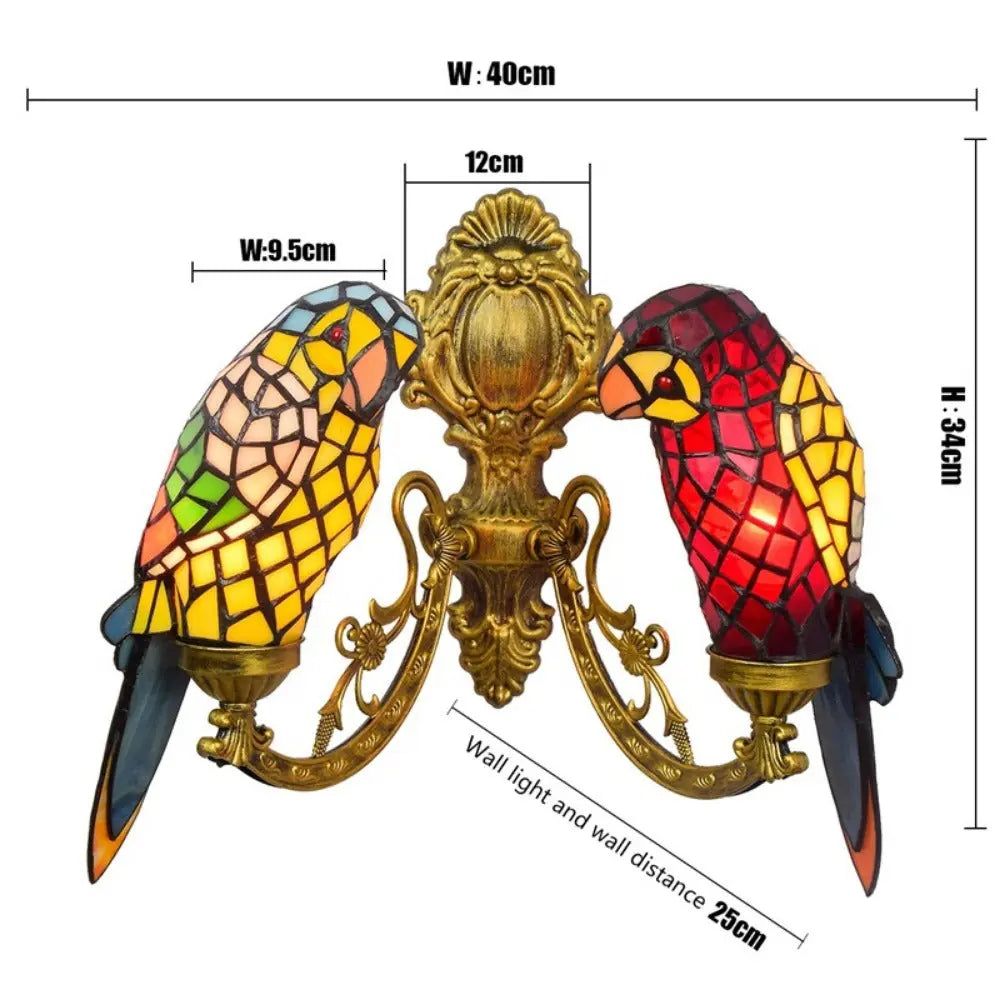 Double Light Wall Sconce Vintage Animal Parrot Stained Glass Tiffany Lamp - CTL