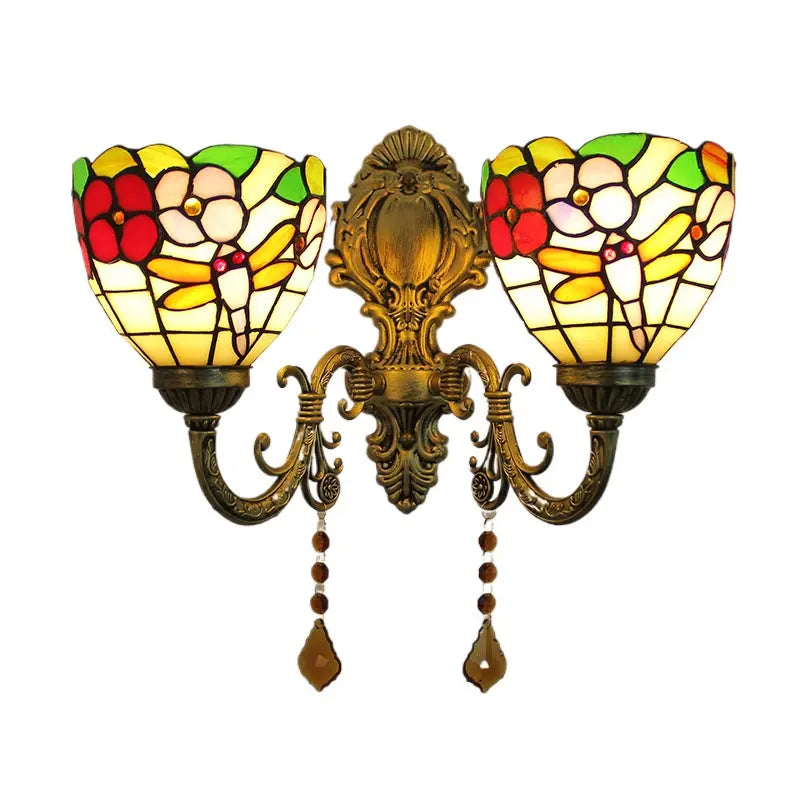 Vintage Double Head Stained Glass Dragonfly Floral Tiffany Wall Sconce - CTL