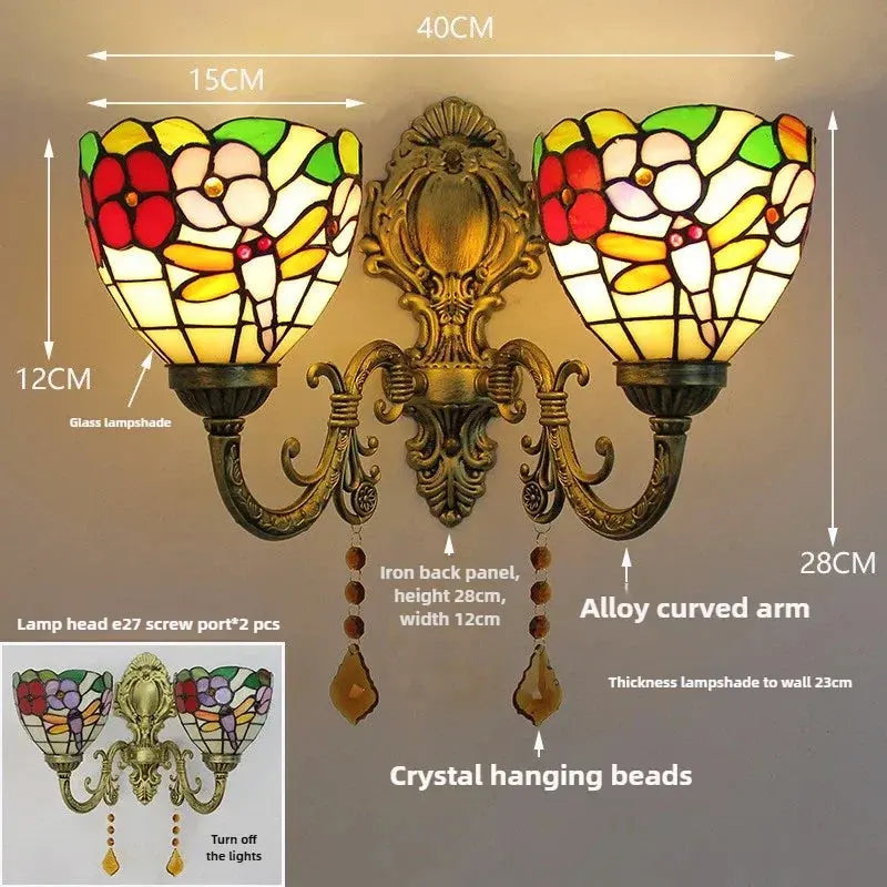 Vintage Double Head Stained Glass Dragonfly Floral Tiffany Wall Sconce - CTL