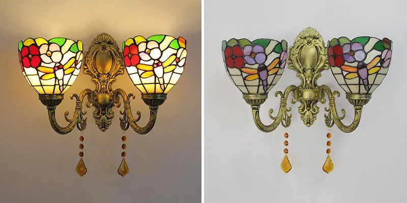 Vintage Double Head Stained Glass Dragonfly Floral Tiffany Wall Sconce - CTL