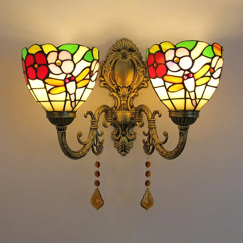 Vintage Double Head Stained Glass Dragonfly Floral Tiffany Wall Sconce - CTL