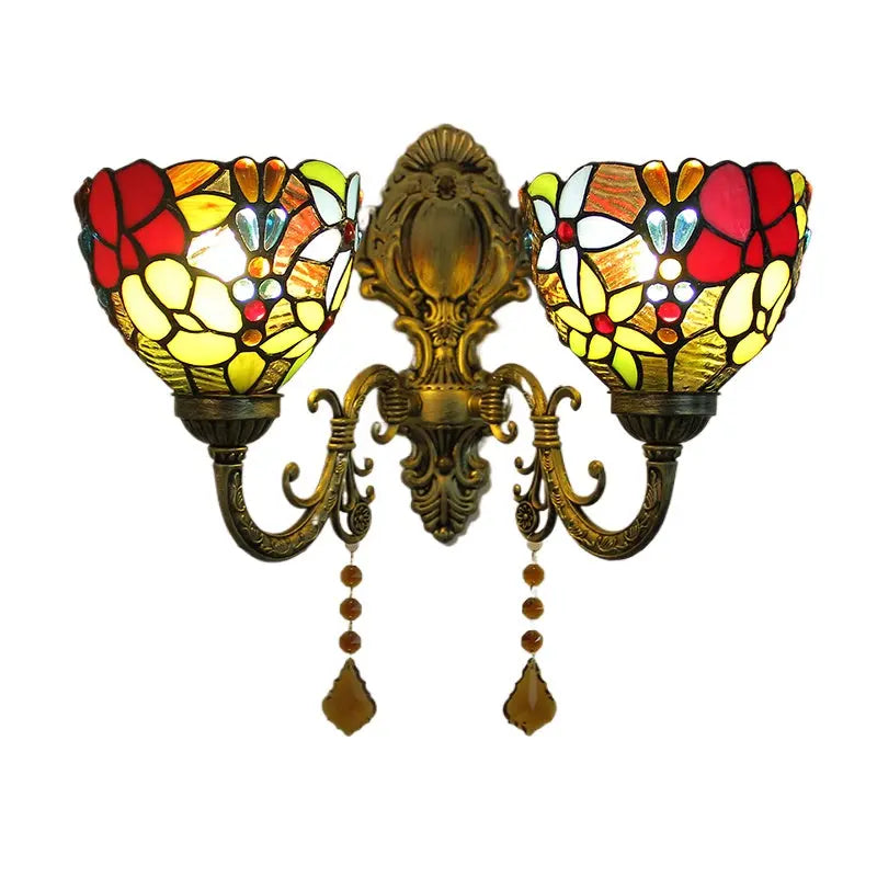 Vintage Double Head Stained Glass Grapes Floral Lampshade Tiffany Style Wall Lights - CTL