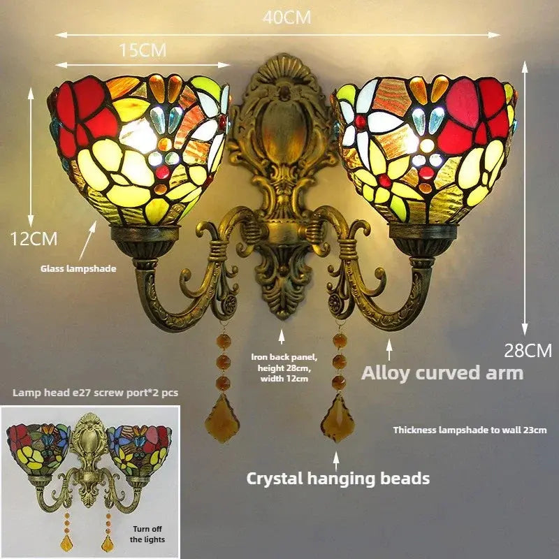 Vintage Double Head Stained Glass Grapes Floral Lampshade Tiffany Style Wall Lights - CTL