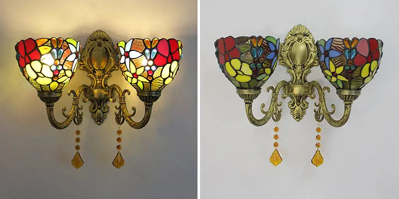 Vintage Double Head Stained Glass Grapes Floral Lampshade Tiffany Style Wall Lights - CTL