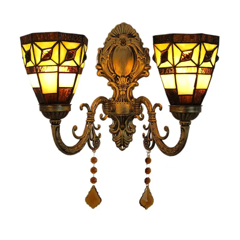 Vintage Double Head Tiffany Stained Glass Simple Floral Lampshade Tiffany Style Wall Sconce - CTL