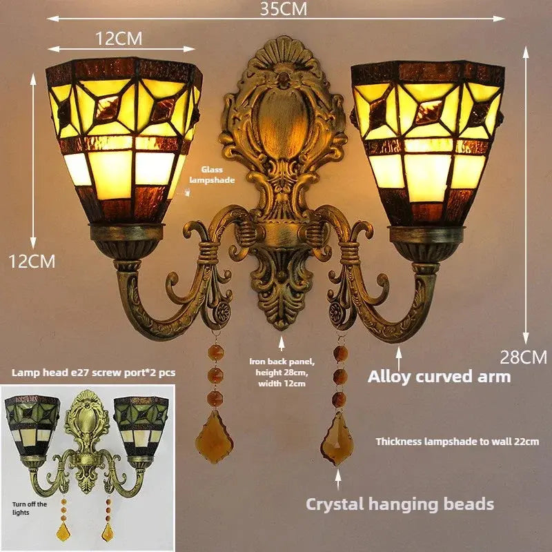 Vintage Double Head Tiffany Stained Glass Simple Floral Lampshade Tiffany Style Wall Sconce - CTL