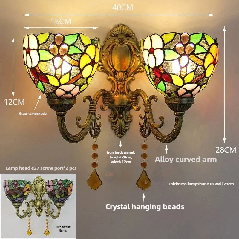 Vintage Double Head Tiffany Wall Lamp Stained Glass Grape Floral Lampshade Wall Sconce - CTL