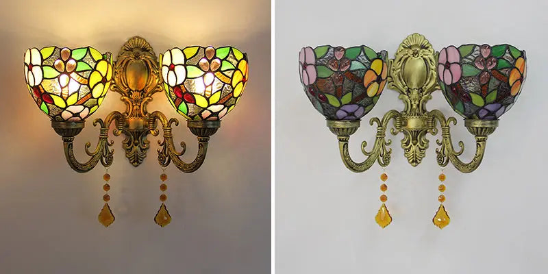 Vintage Double Head Tiffany Wall Lamp Stained Glass Grape Floral Lampshade Wall Sconce - CTL