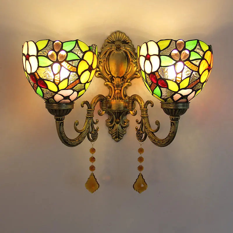 Vintage Double Head Tiffany Wall Lamp Stained Glass Grape Floral Lampshade Wall Sconce - CTL